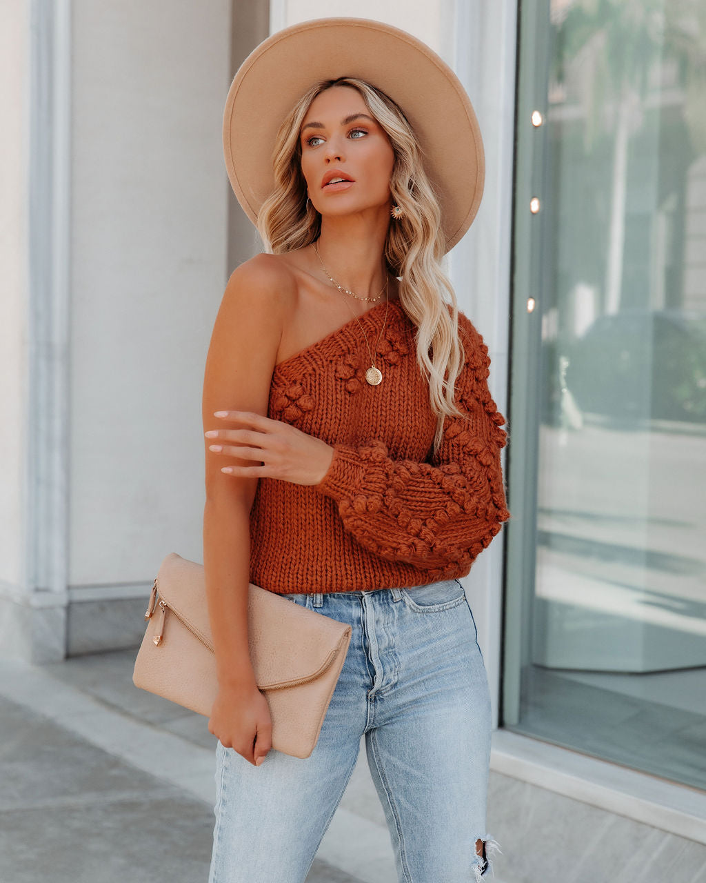 Juniper One Shoulder Knit Pom Sweater - Rust