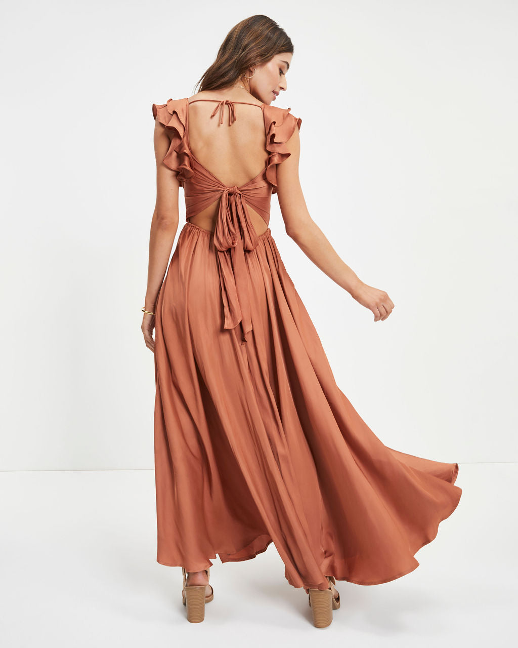 First Class Satin Ruffle Cutout Maxi Dress - Dusty Rust