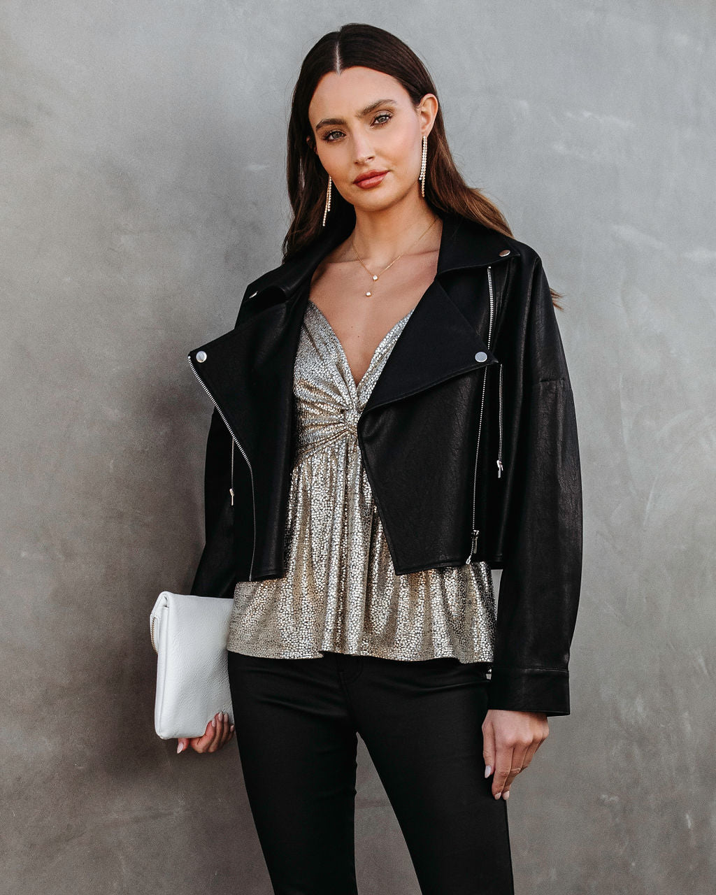 Izabella Metallic Embossed Twisted Front Top - Champagne