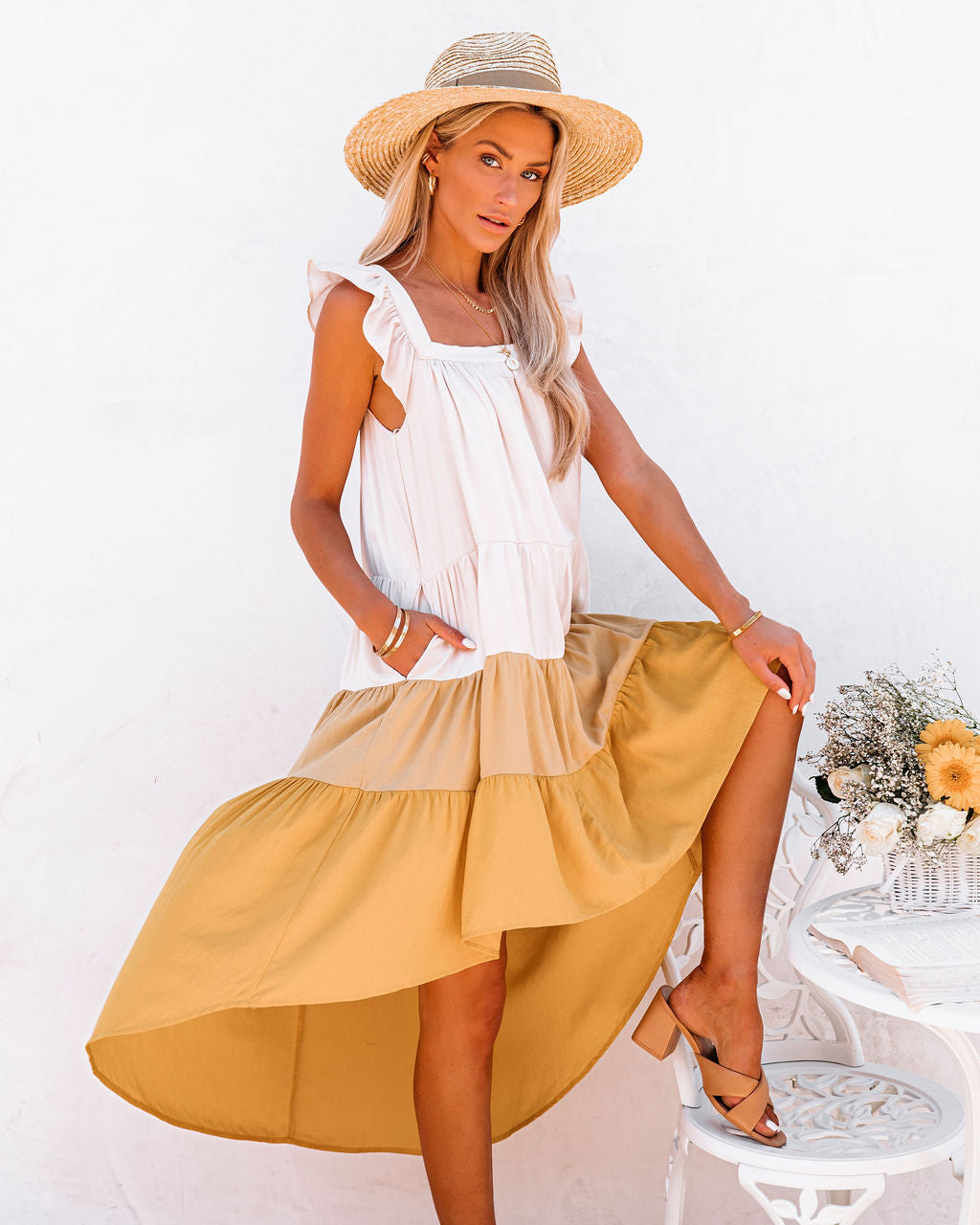 Melody Of Summer Pocketed High Low Tiered Midi Dress - Mustard - SALE
