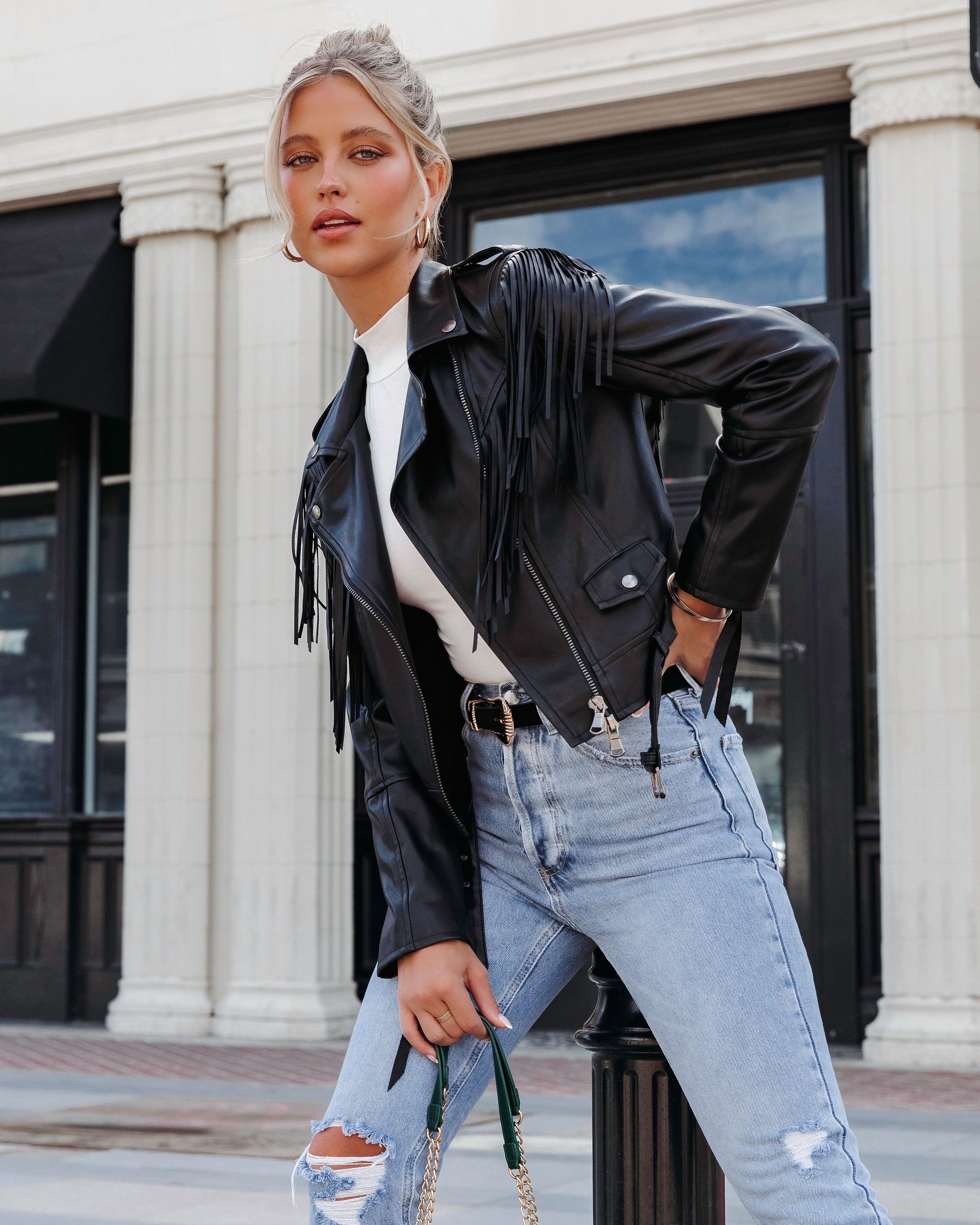 Running Wild Faux Leather Fringe Biker Jacket - Black