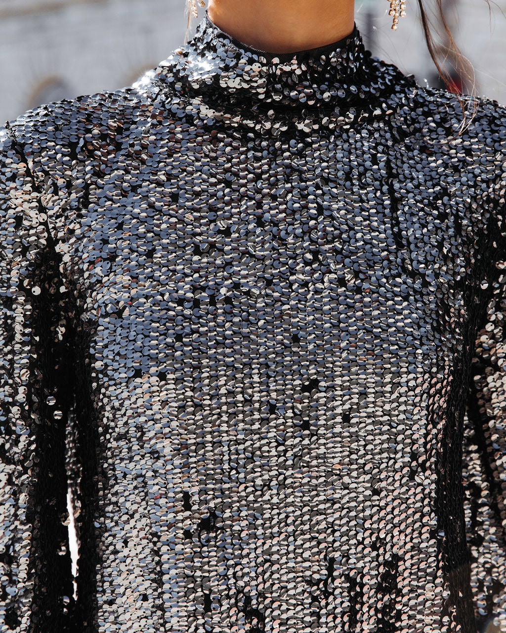 Broadway Sequin Mock Neck Long Sleeve Top - Black