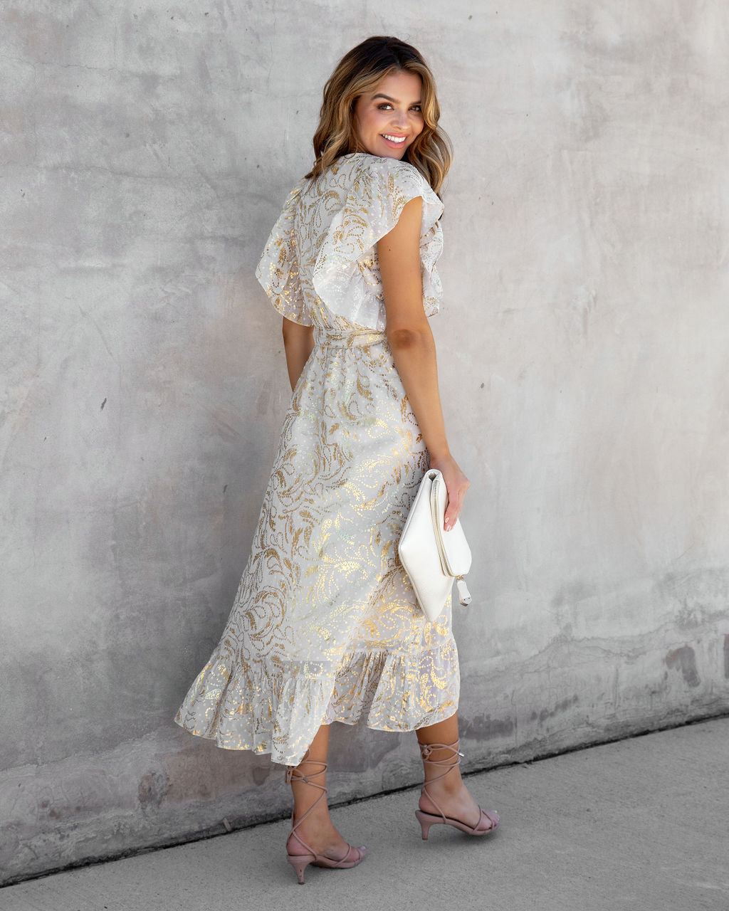 Golden Summer Metallic Ruffle Midi Dress - FINAL SALE