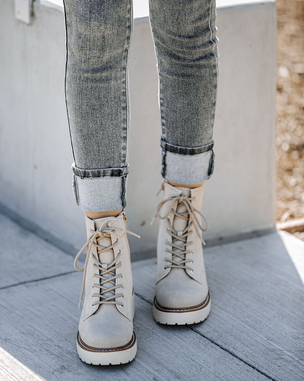 Marissa Faux Suede Lace Up Boot - Beige