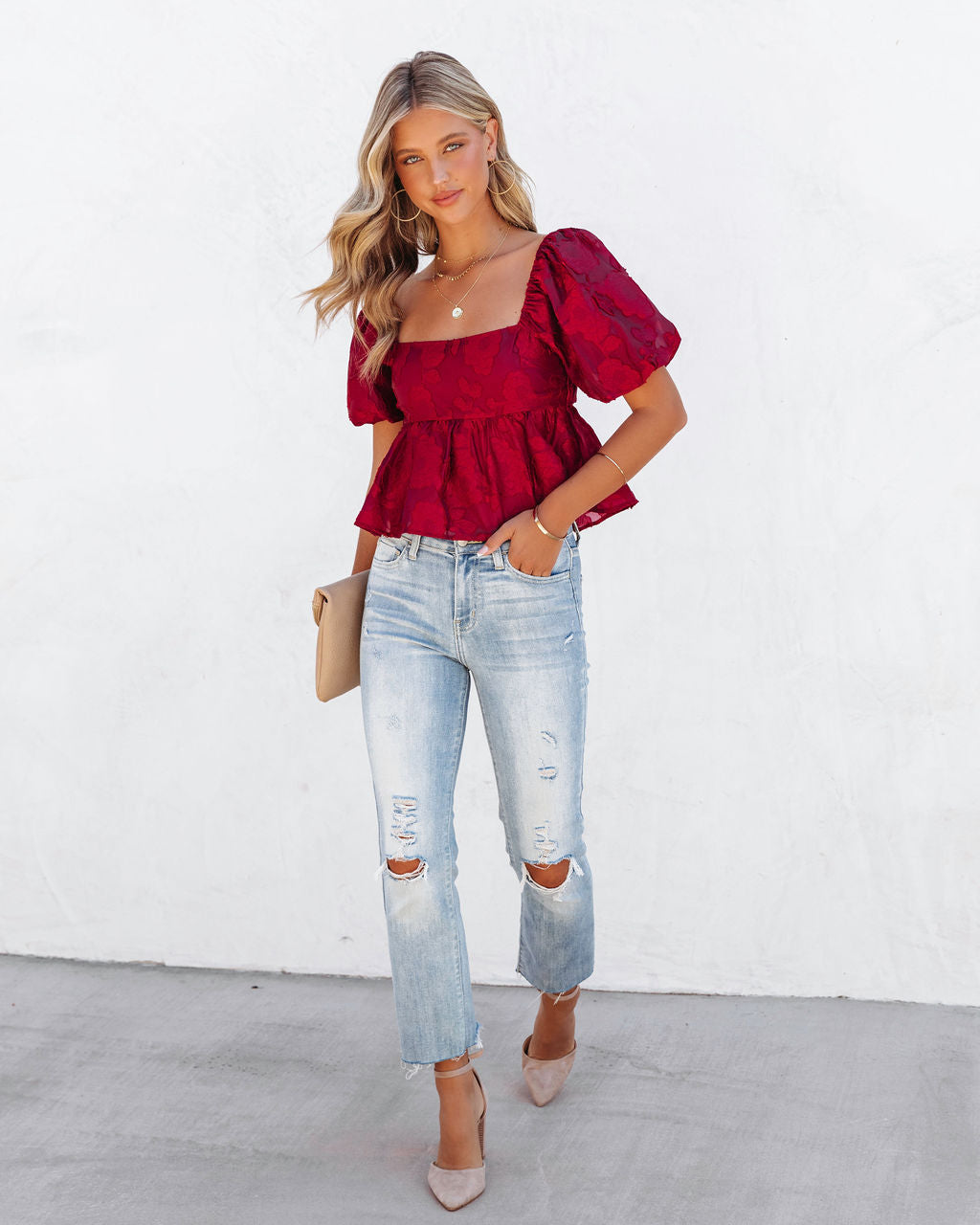 Forbidden Fruit Puff Sleeve Babydoll Top - Burgundy