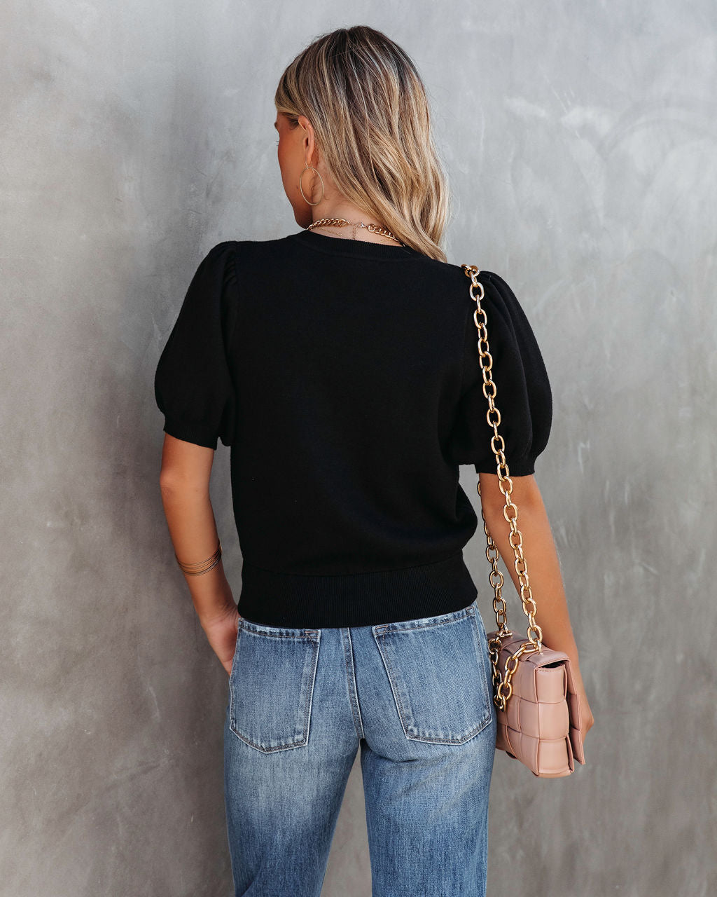 Livia Puff Sleeve Knit Sweater Top - Black