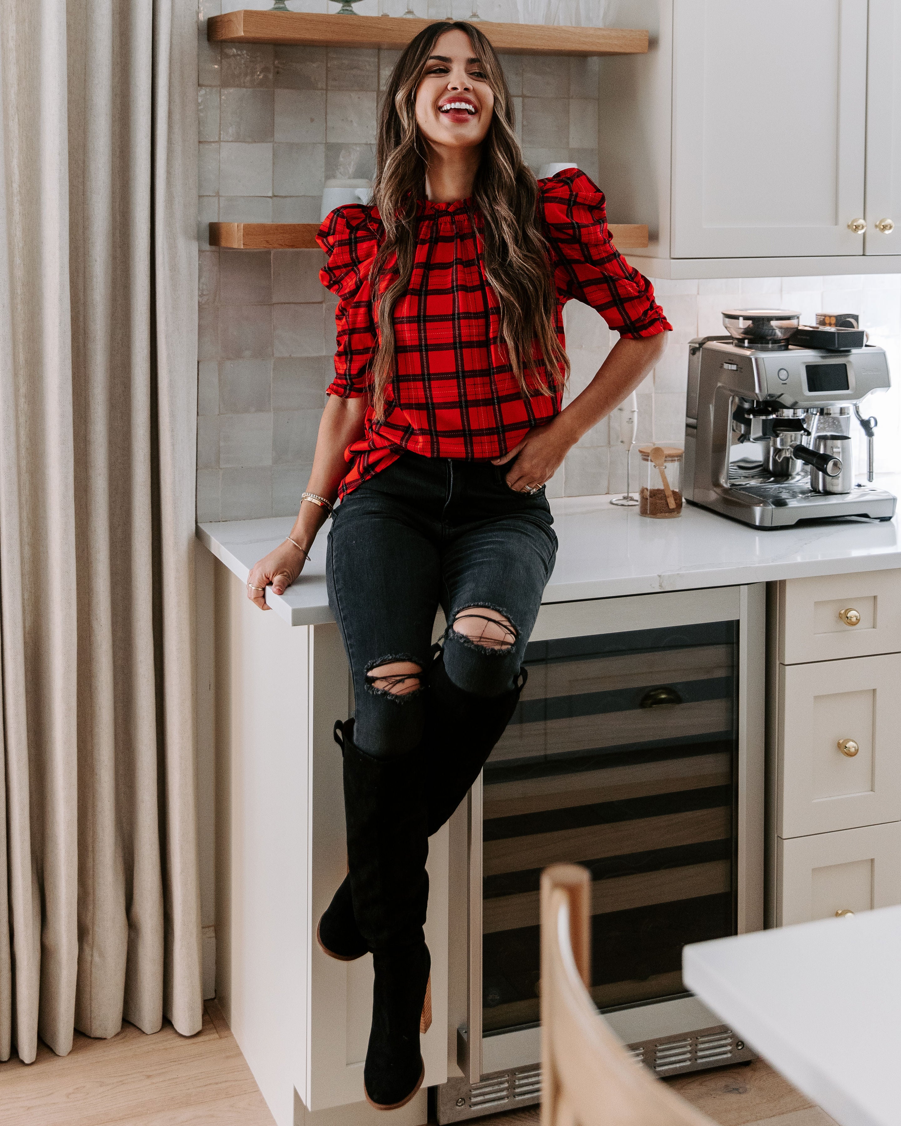 Very Pleased Plaid Puff Sleeve Top