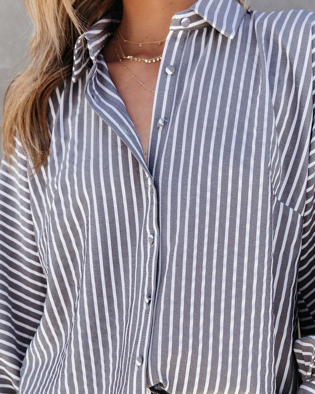 Classic Moment Striped Button Down Top - Charcoal