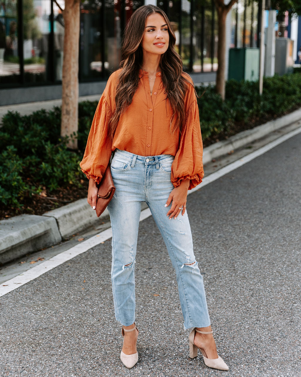 Asher Balloon Sleeve Button Down Top - Clay - SALE