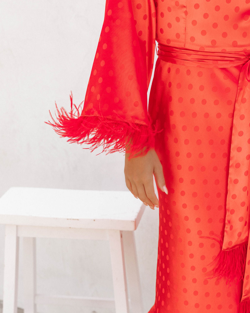 Margaux Satin Feather Trim Midi Dress - Red - FINAL SALE