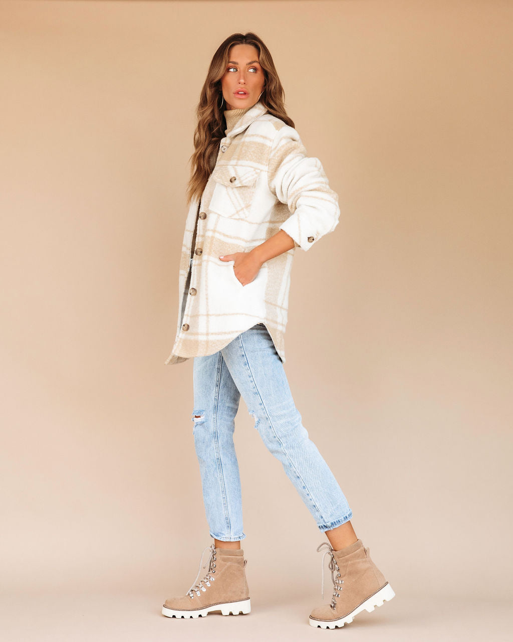 Weekend Road Trip Plaid Pocketed Jacket - Cream