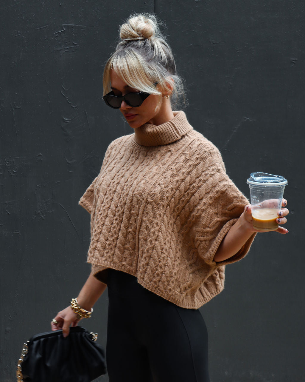 Adalynn Cable Knit Turtleneck Sweater Vest - Camel