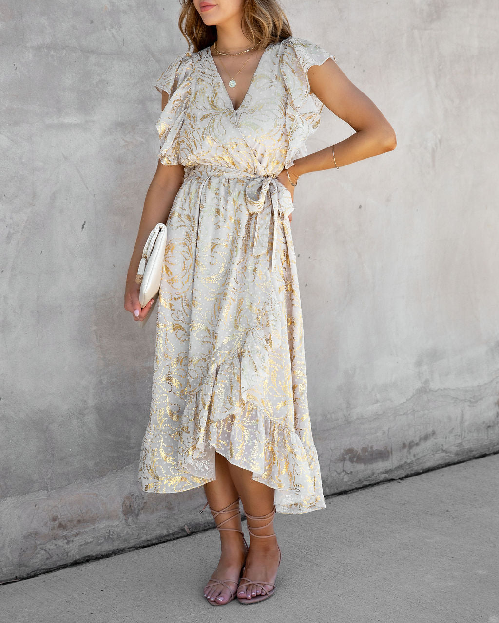 Golden Summer Metallic Ruffle Midi Dress - FINAL SALE