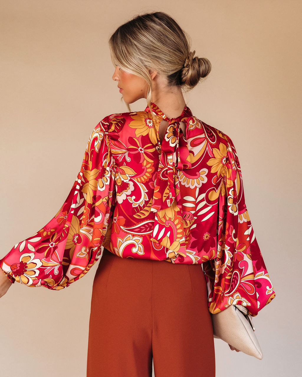 Dylann Satin Floral Balloon Sleeve Top
