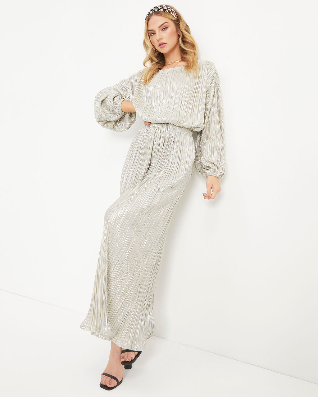 Kiyara Billowed Shimmer Plisse Top - Silver