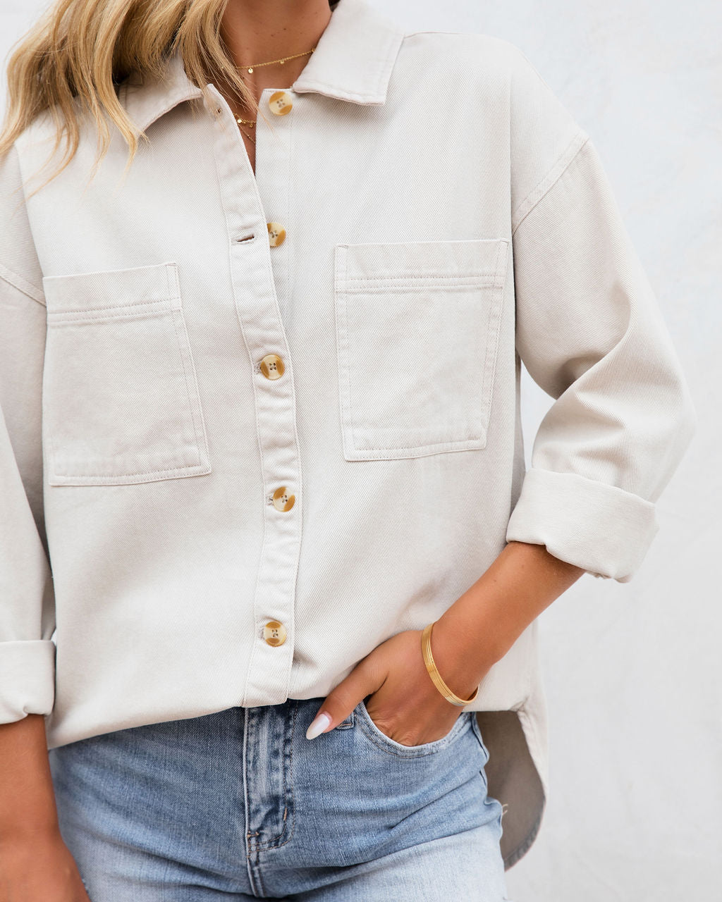 Henrietta Cotton  Utility Button Down Top - Light Grey - FINAL SALE