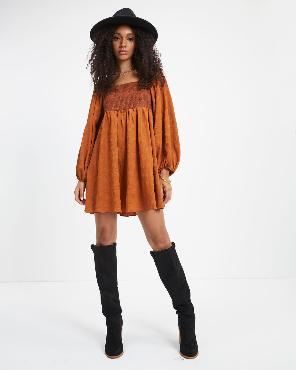 Lost In A Maze Textured Knit Babydoll Dress - Camel