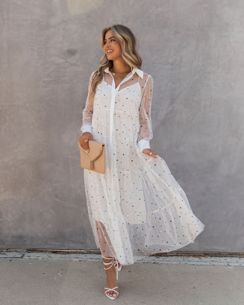 Joaquin Embroidered Mesh Tiered Maxi Dress - White - FINAL SALE