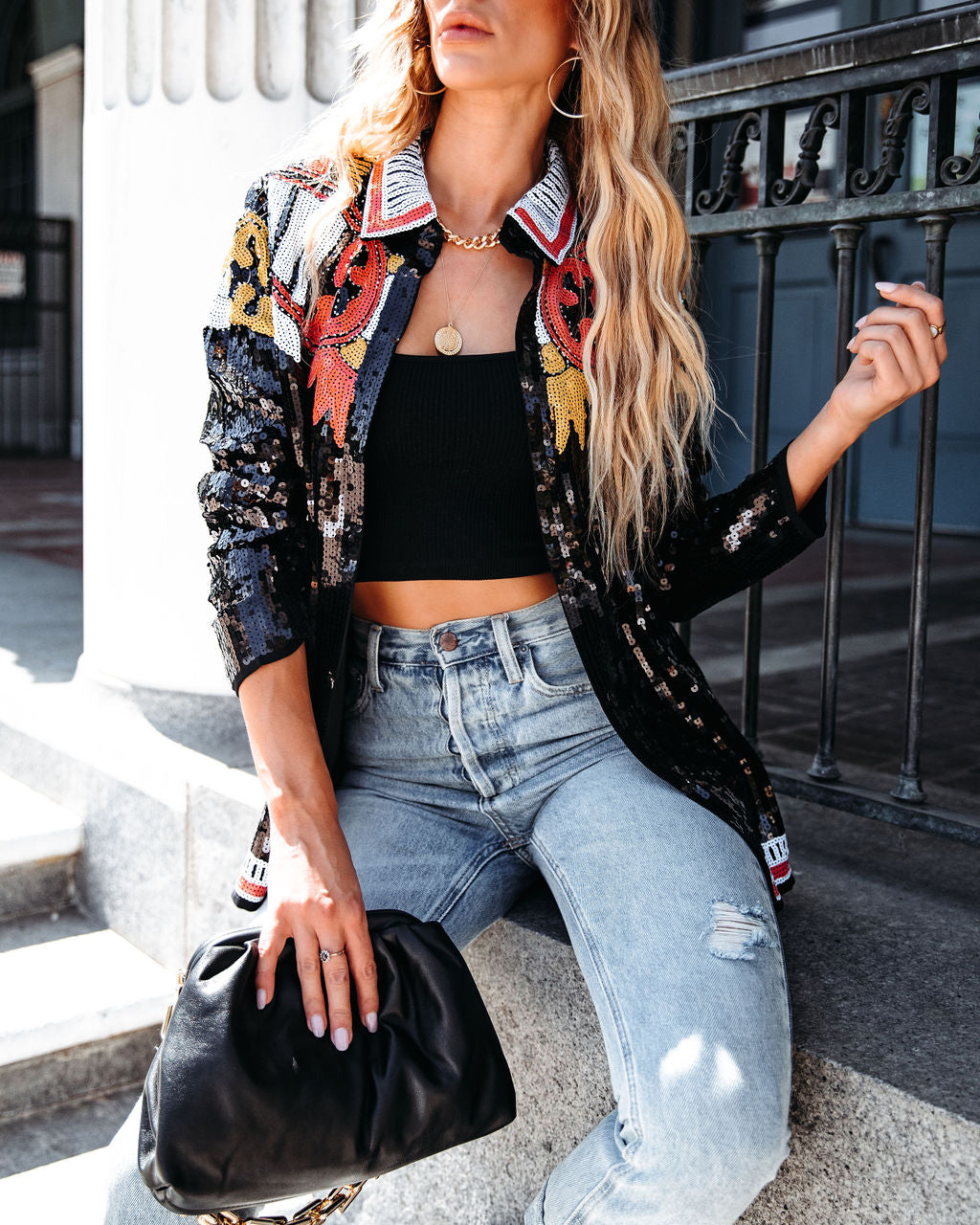 Eliza Embellished Sequin Button Down Top - Black