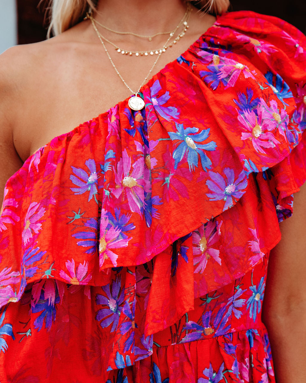 Vallis One Shoulder Floral Cotton Blend Tiered Mini Dress - FINAL SALE