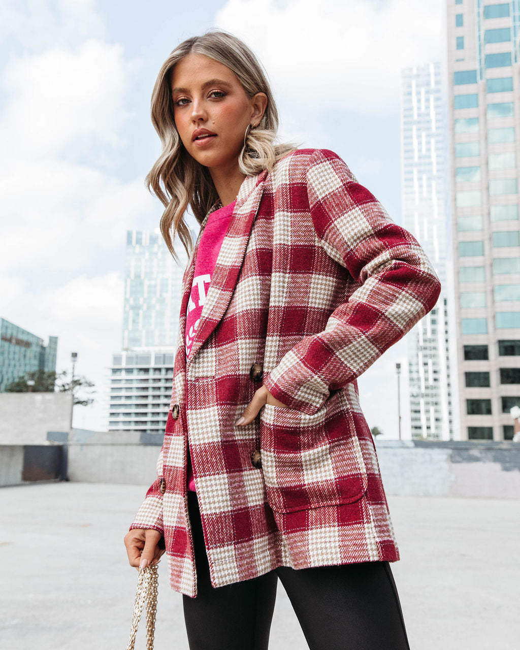 Peppermint Dreams Plaid Blazer - Burgundy