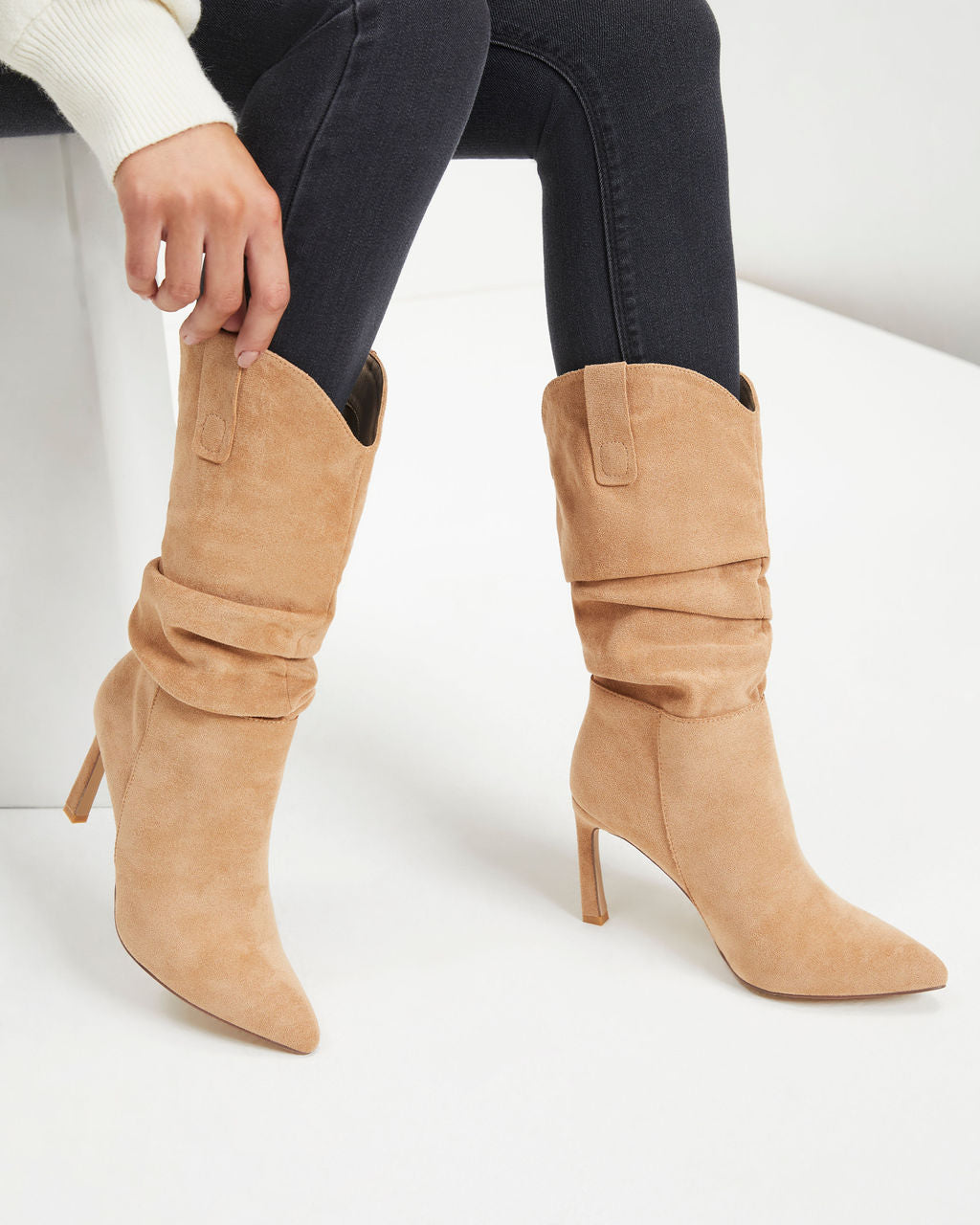 Goldie Faux Suede Heeled Slouch Boot - Almond