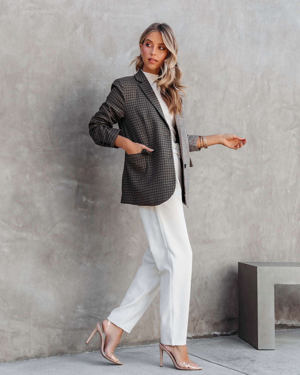 Gemini Mixed Plaid Pocketed Blazer - Brown