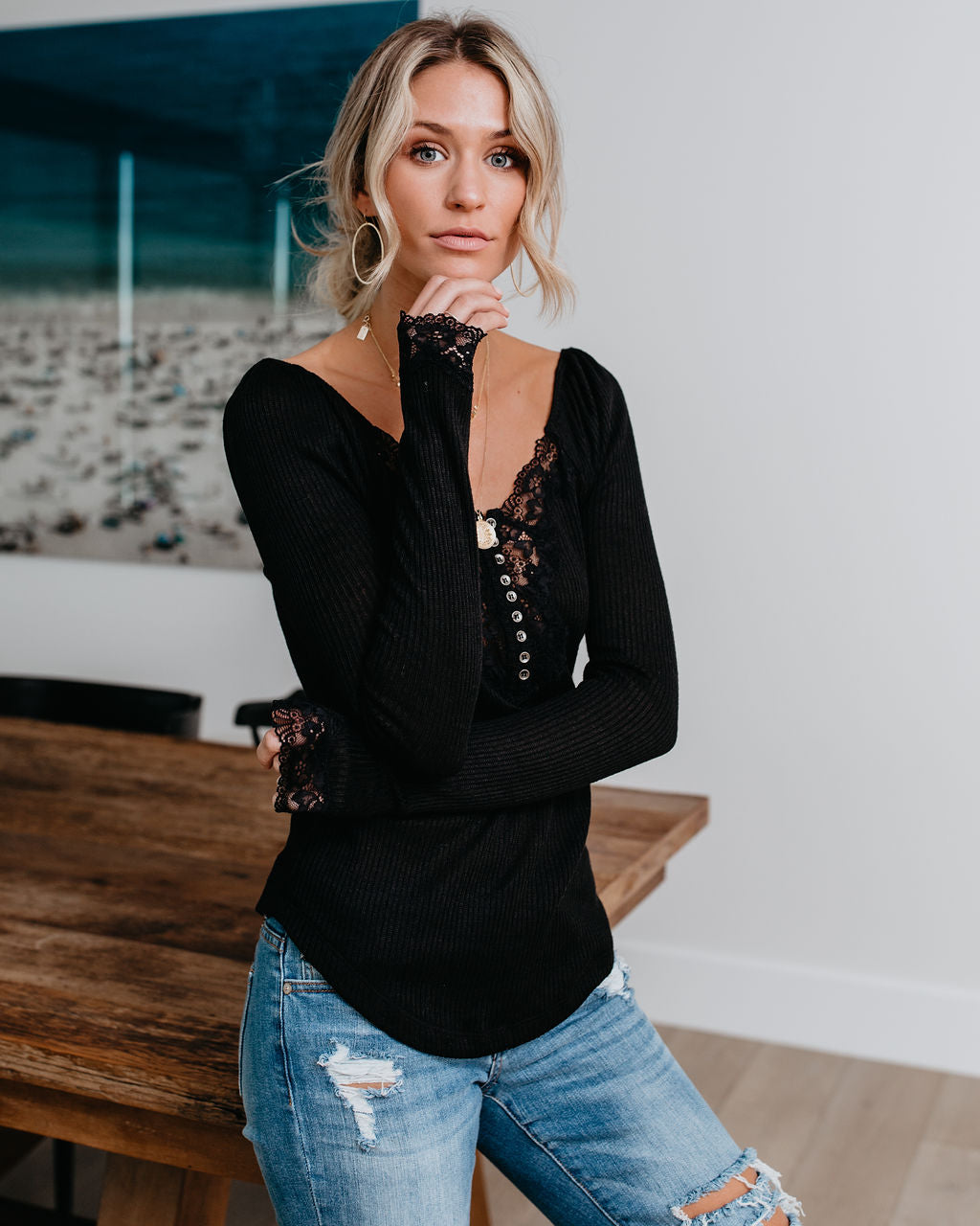 Isn'T It Romantic Lace Henley Top - Black