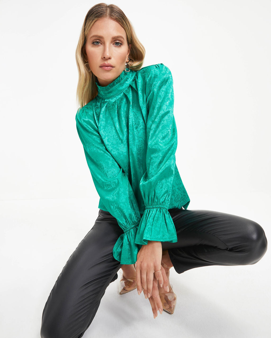 Counting Blessings Floral Mock Neck Ruffle Top - Emerald