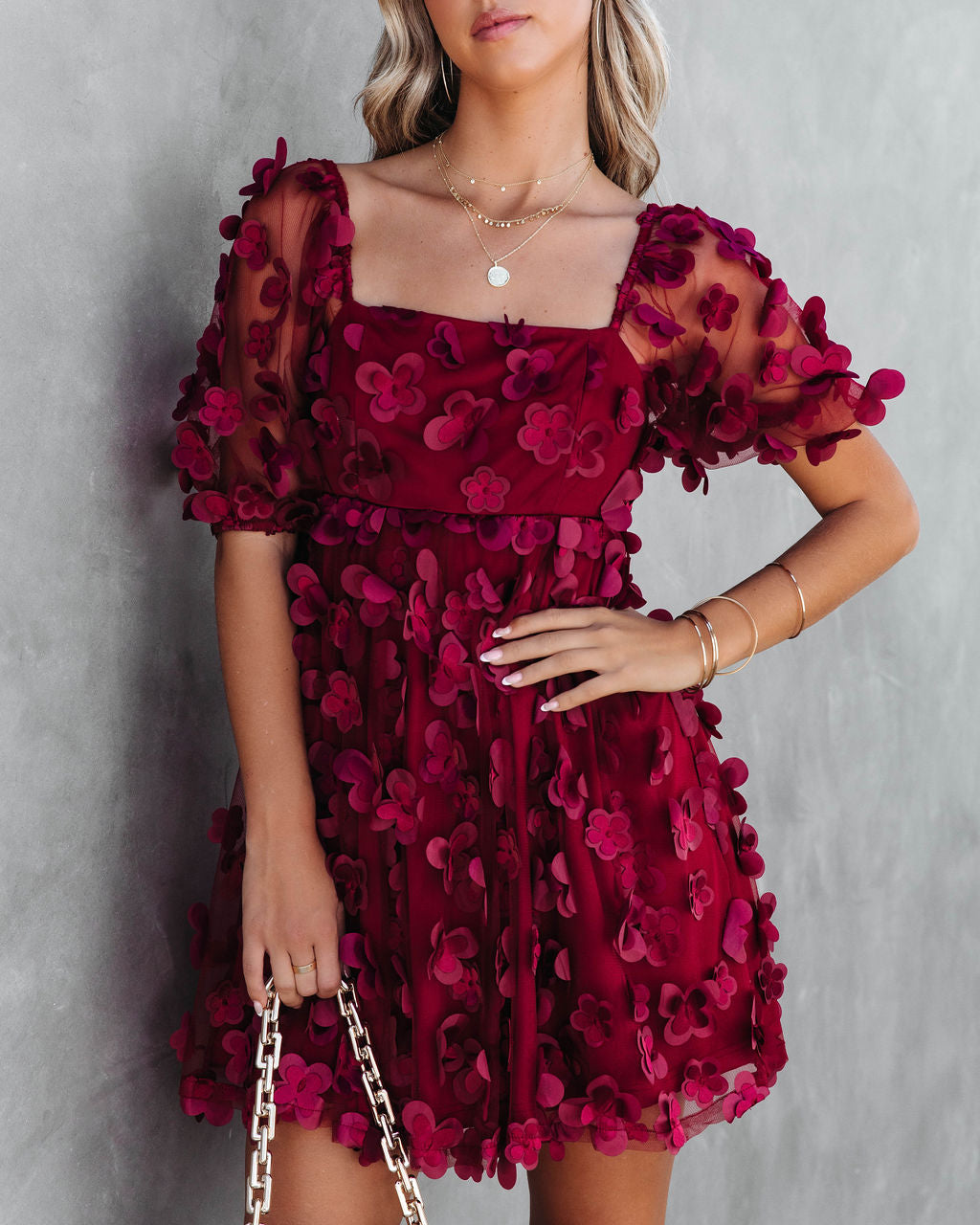 Forever Be My Always Floral Applique Tulle Babydoll Dress - Wine