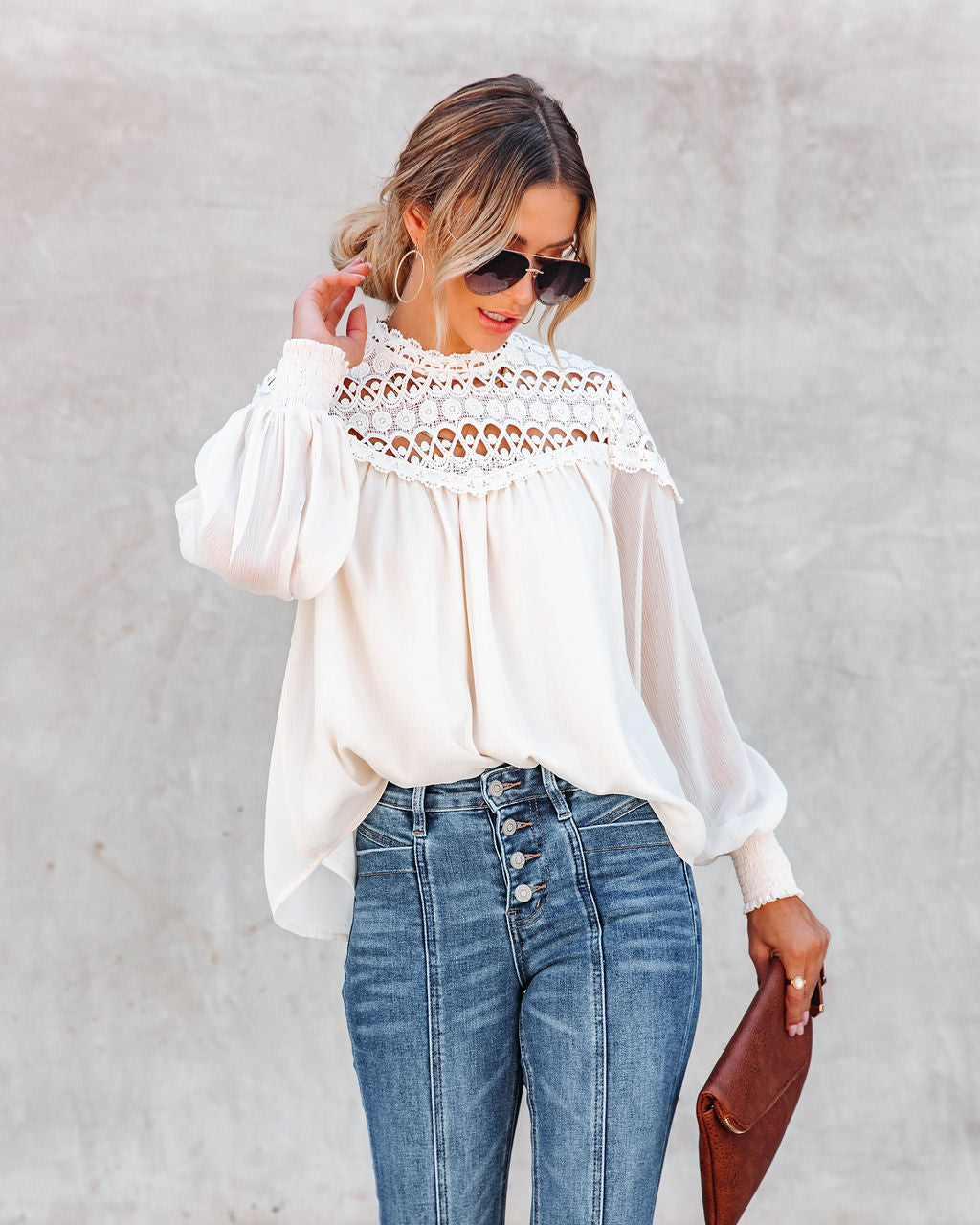 Wild As The Wind Crochet Lace Chiffon Top - Cream - SALE