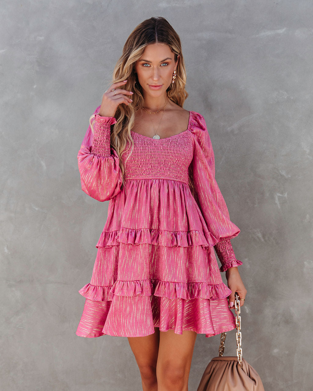 Shine On Metallic Tiered Babydoll Dress - Rose - SALE