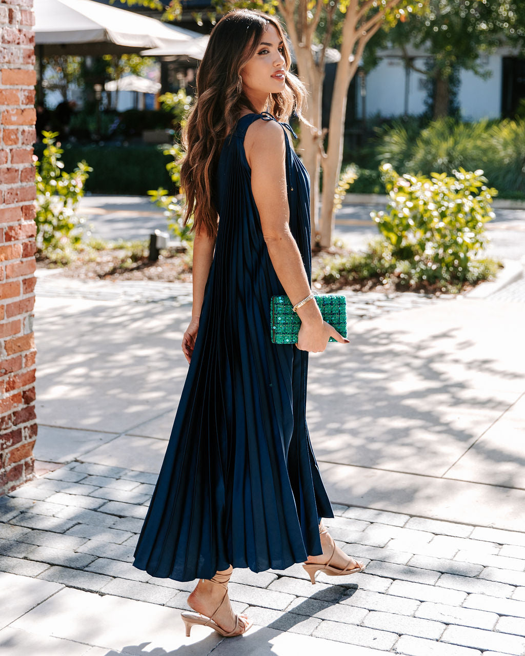 Melina Satin One Shoulder Pleated Midi Dress - Navy