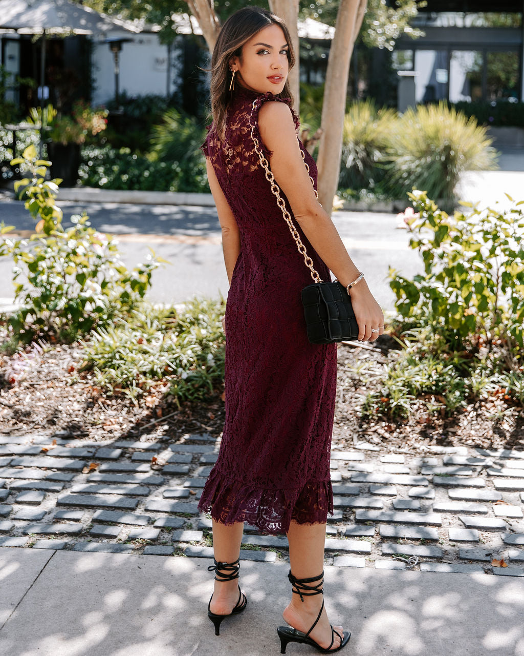 Frances Lace Ruffle Midi Dress - Wine