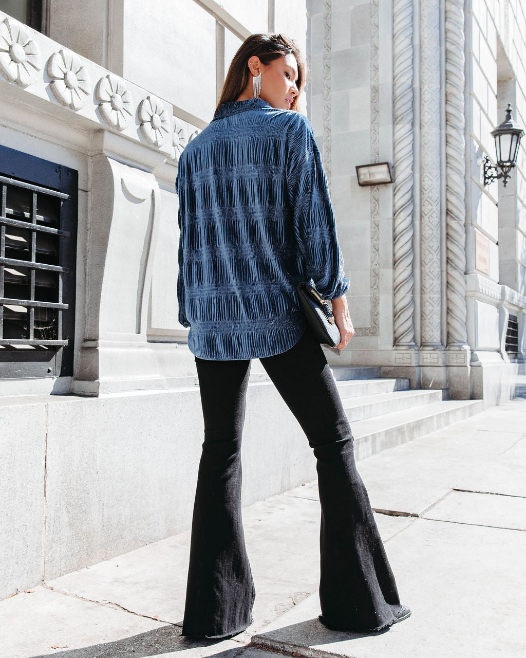Bette Textured Velvet Button Down Top - Blue