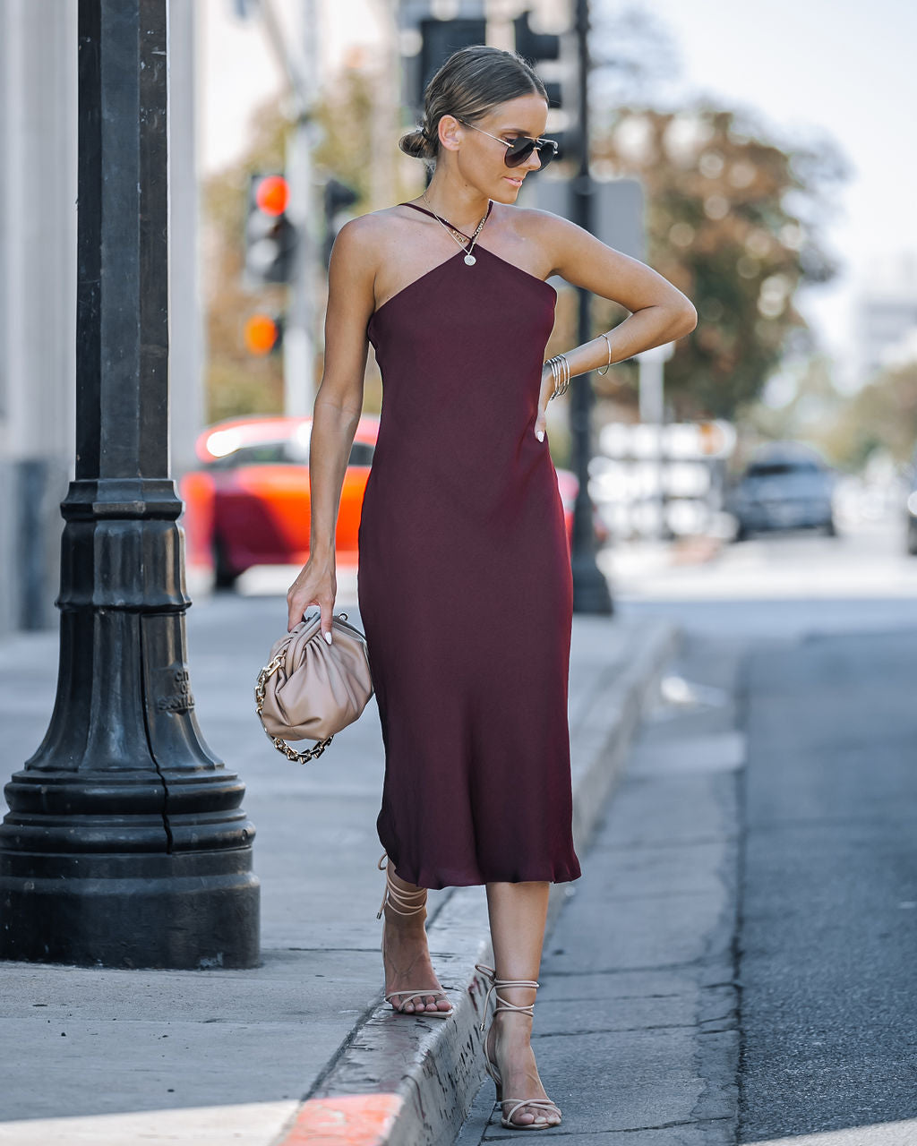 Luisa Satin Halter Midi Dress - Merlot