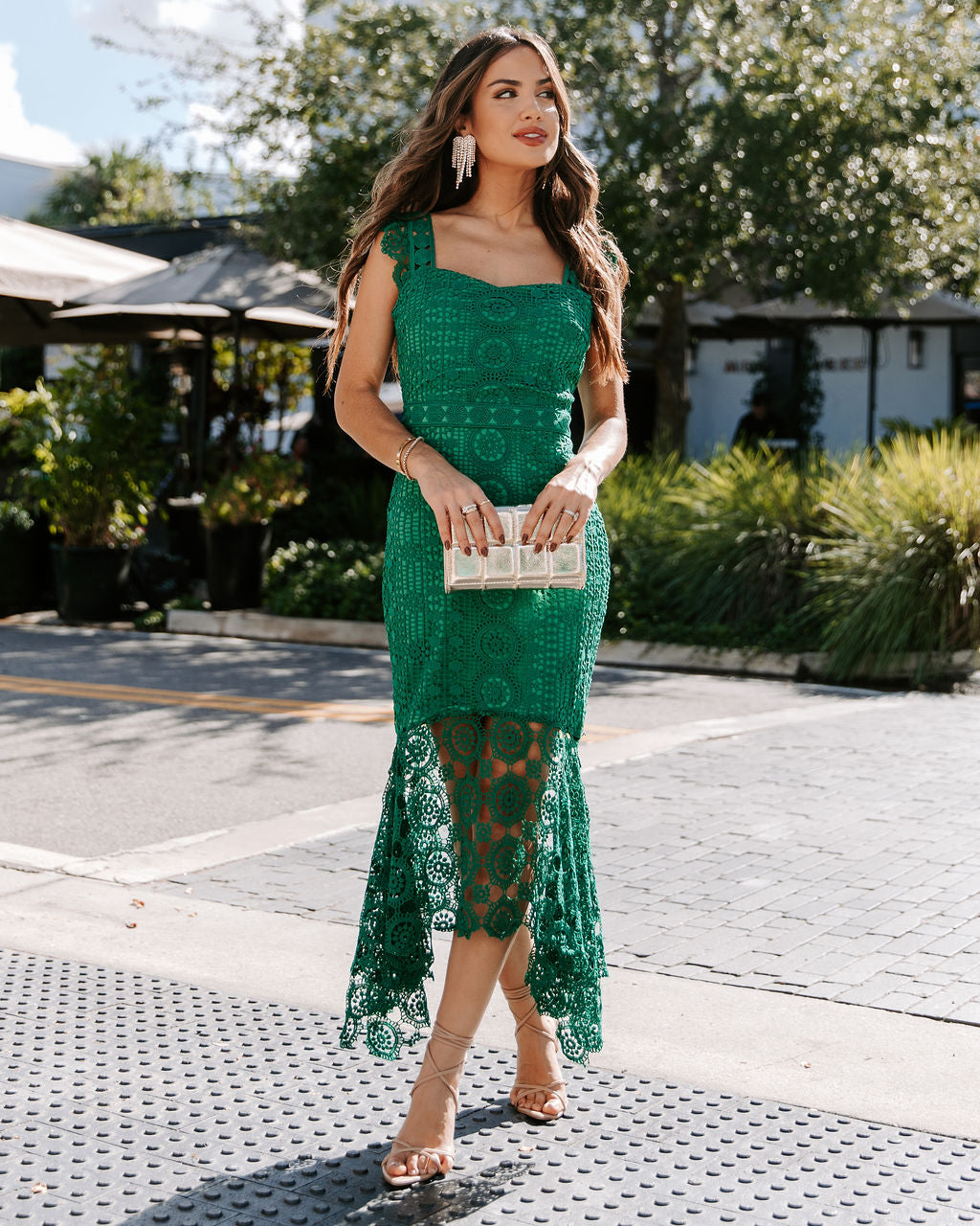 Dare To Be You Crochet Lace Ruffle Midi Dress - Emerald