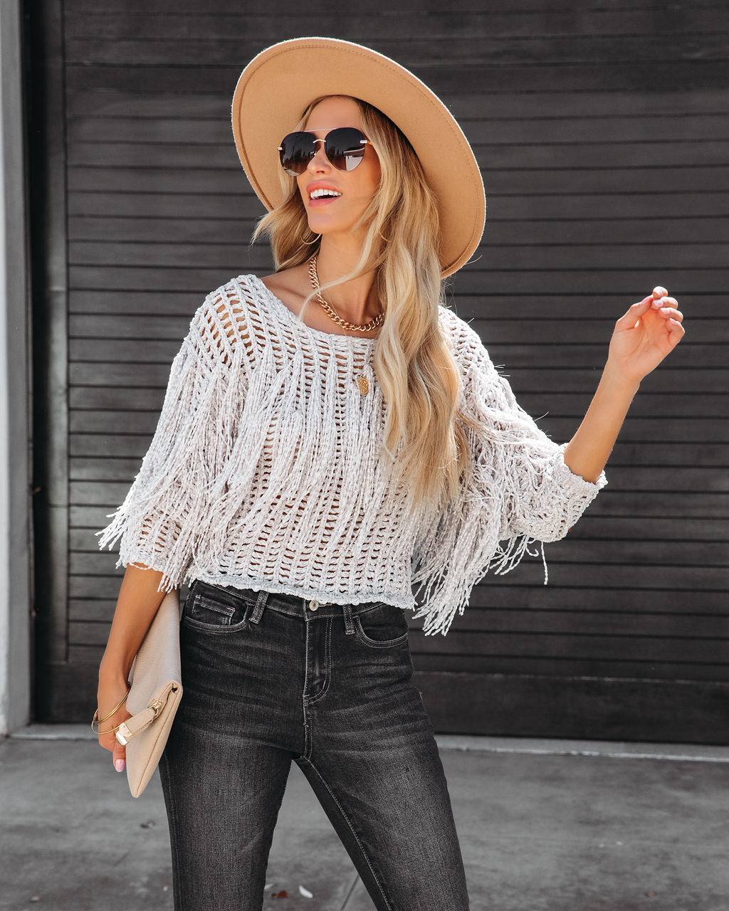 Sparrow Fringe Chenille Pullover Sweater - Taupe - SALE