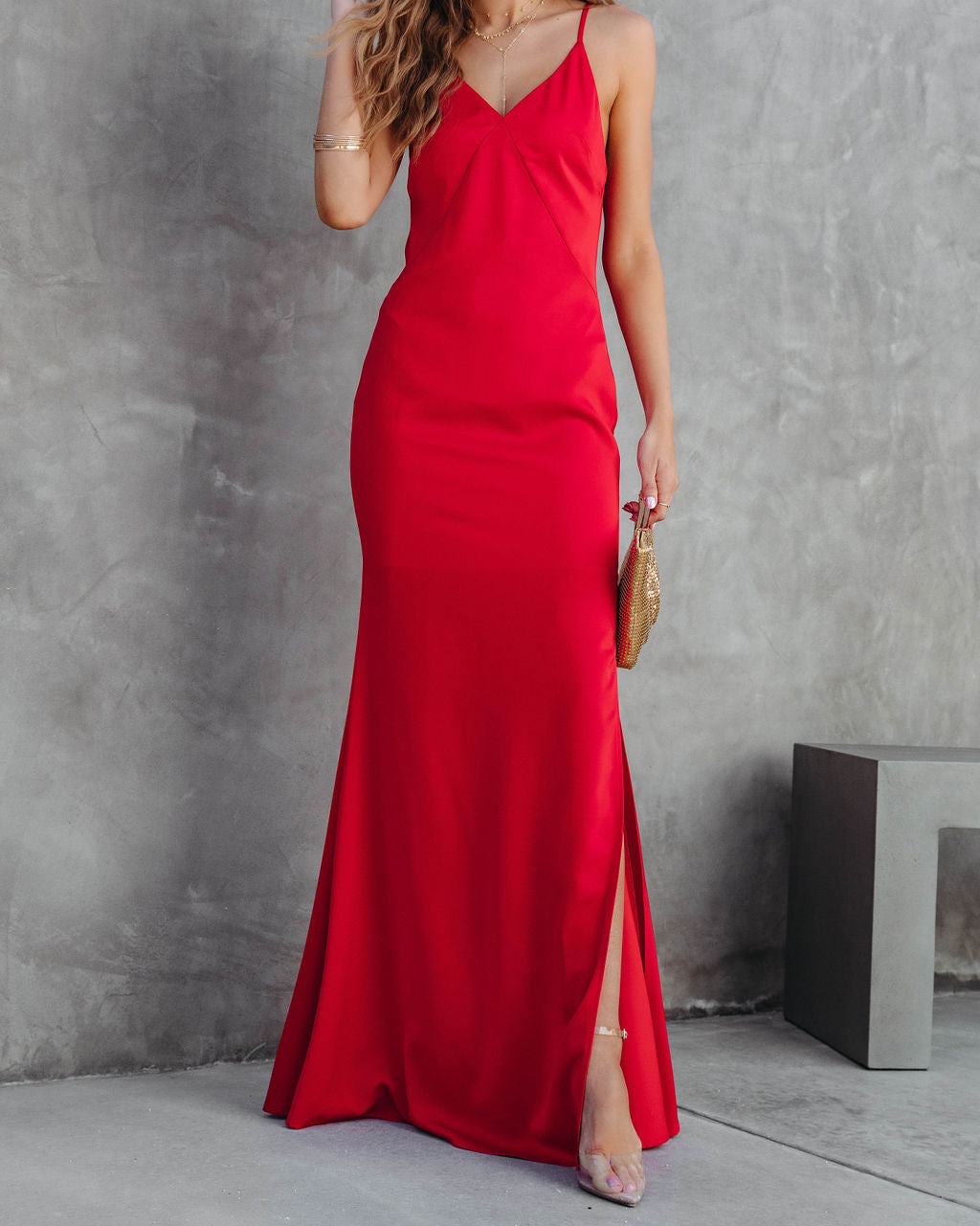 Evianna Satin Slit Maxi Dress - Red