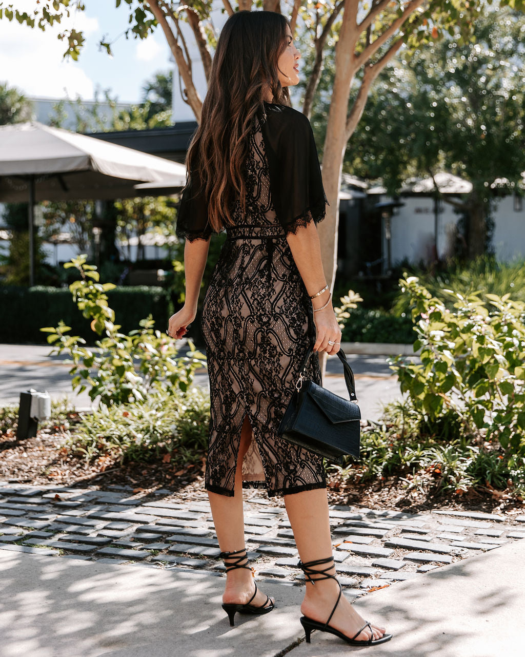 Bring On The Night Lace Chiffon Sleeve Midi Dress - Black