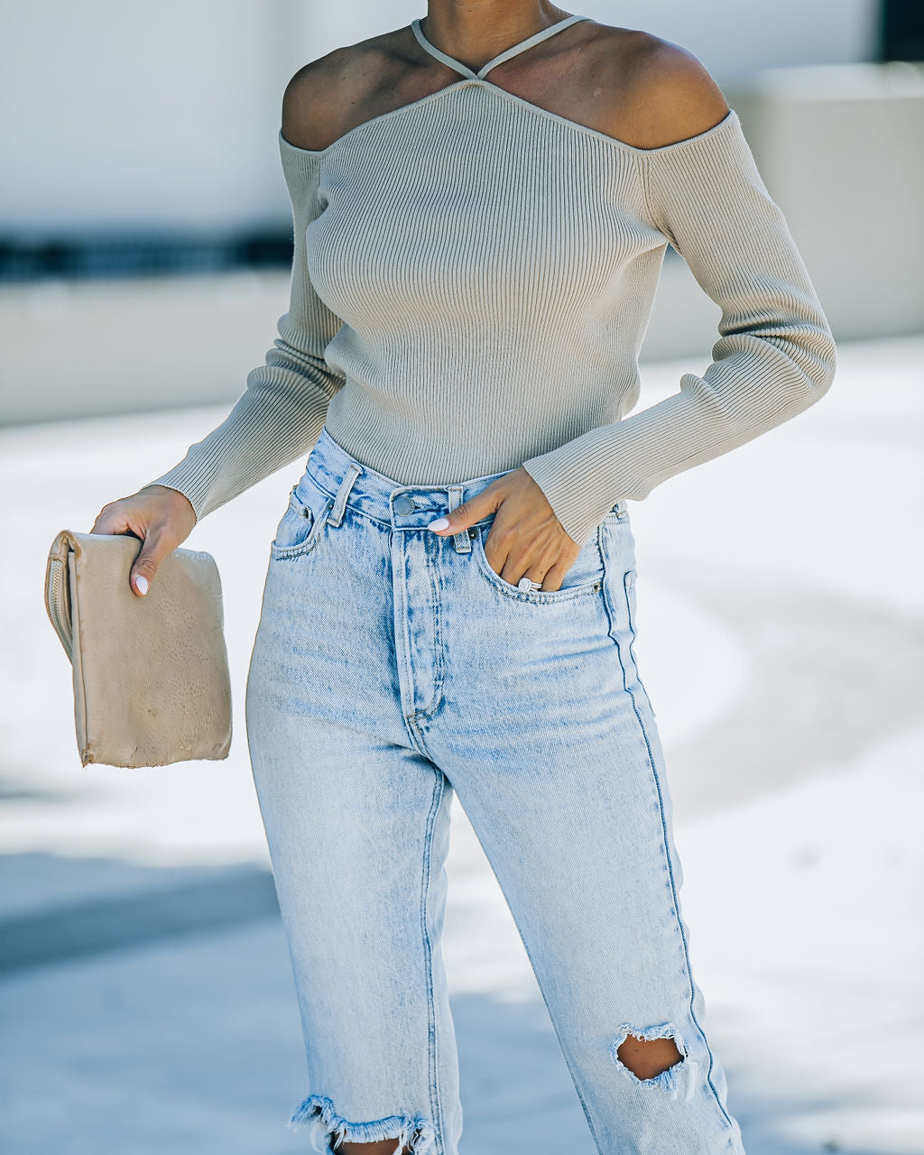 Real Crowd Pleaser Off The Shoulder Ribbed Top - Beige