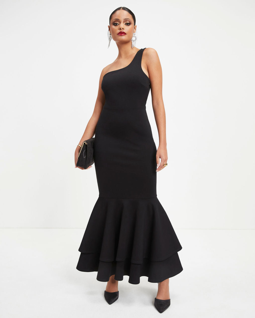 Ariella One Shoulder Tiered Trumpet Maxi Dress - Black