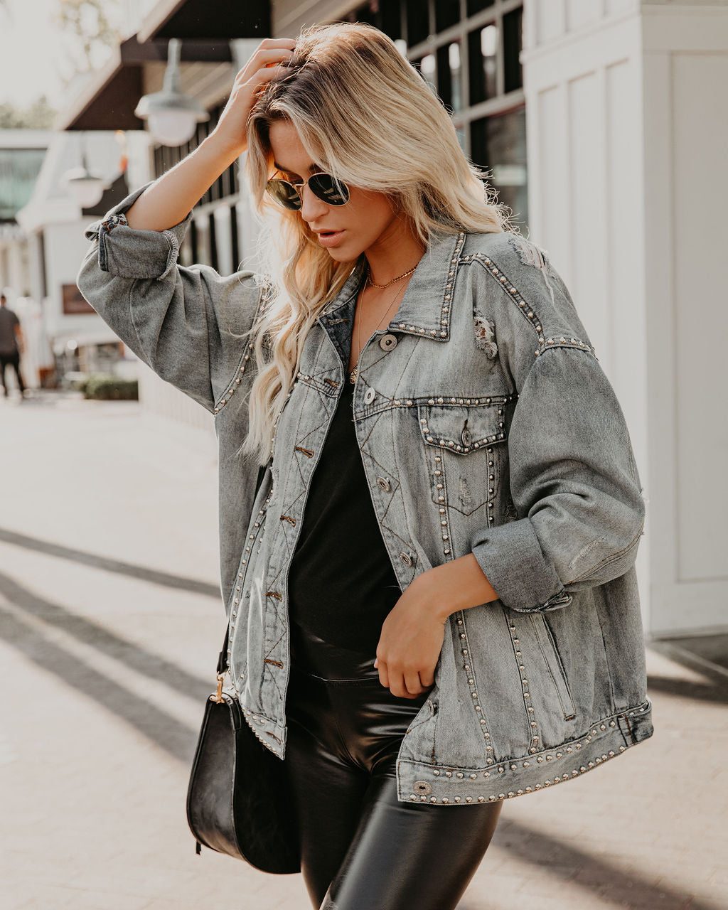 Kind Of A Big Deal Pocketed Studded Denim Jacket - Light Wash