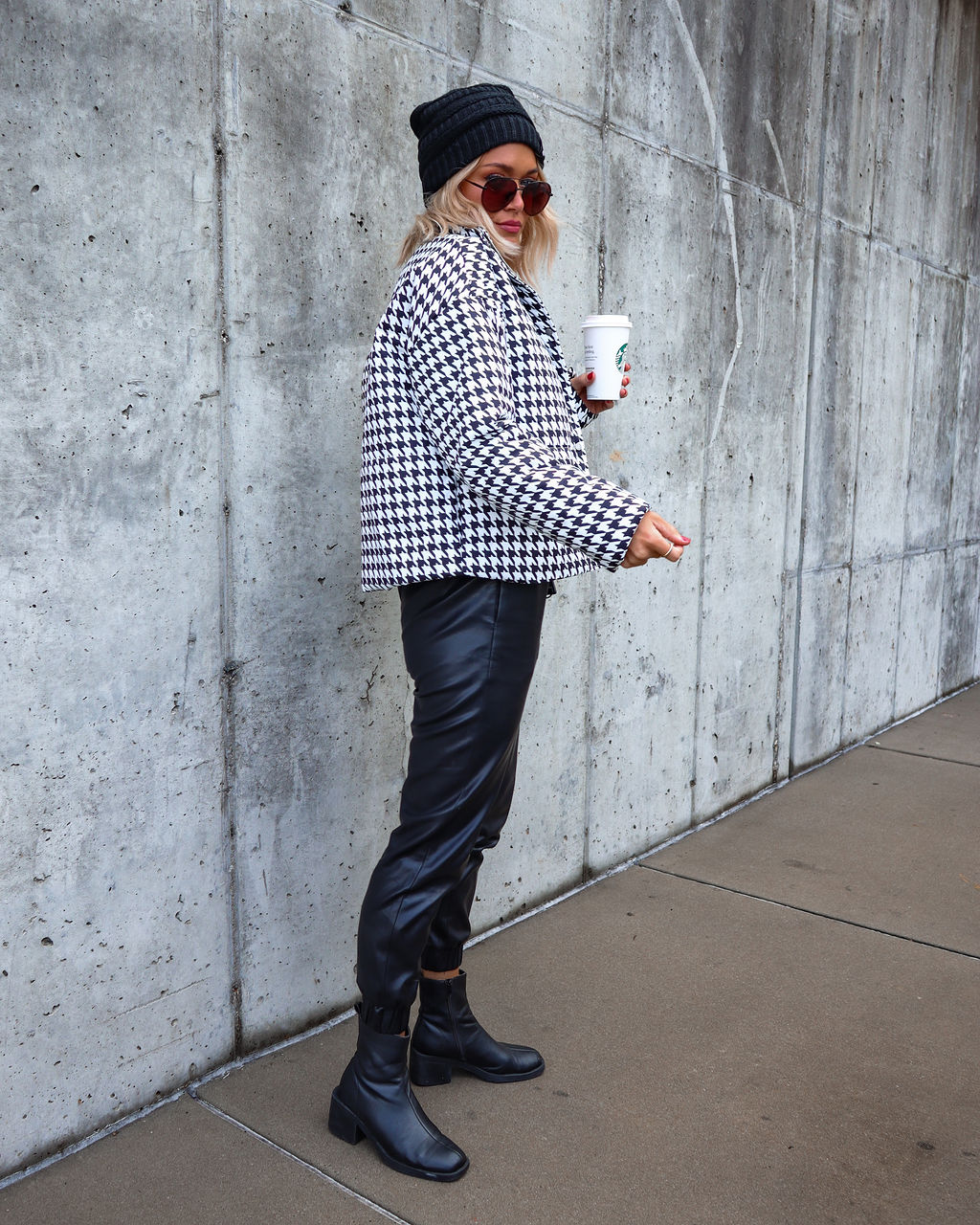 Meet Me At The Rink Houndstooth Pocketed Puff Jacket