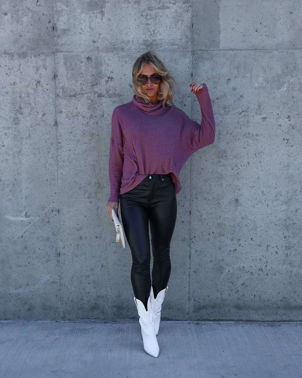 Braelynn Waffle Knit Turtleneck Long Sleeve Top - Rose