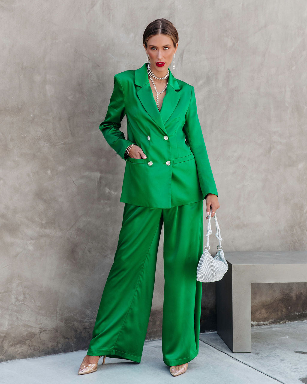Sensational Queen Satin Embellished Pocketed Blazer - Emerald