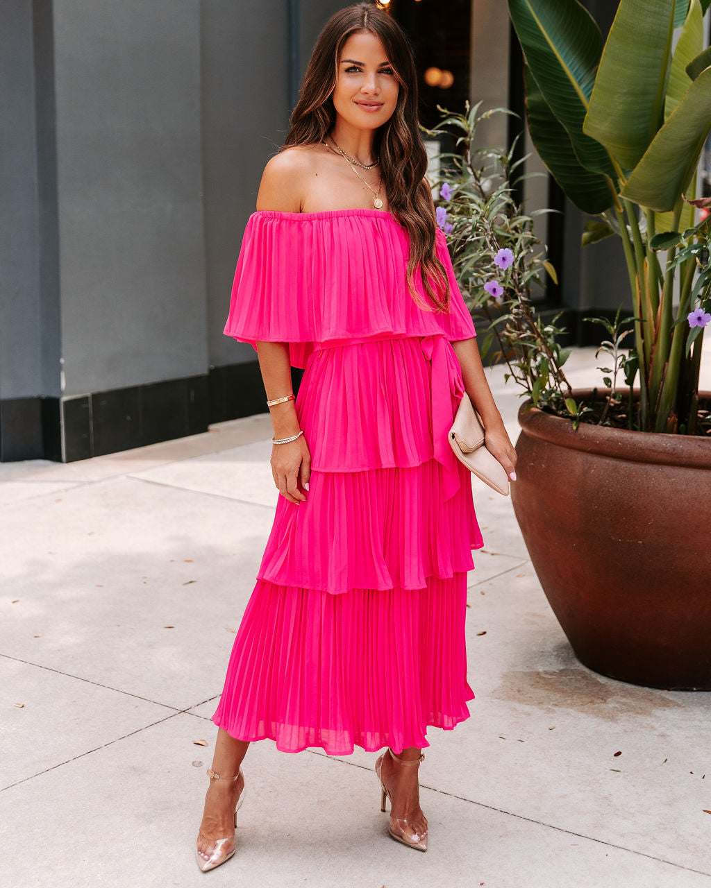 Simaria Pleated Tiered Midi Dress - Hot Pink - FINAL SALE