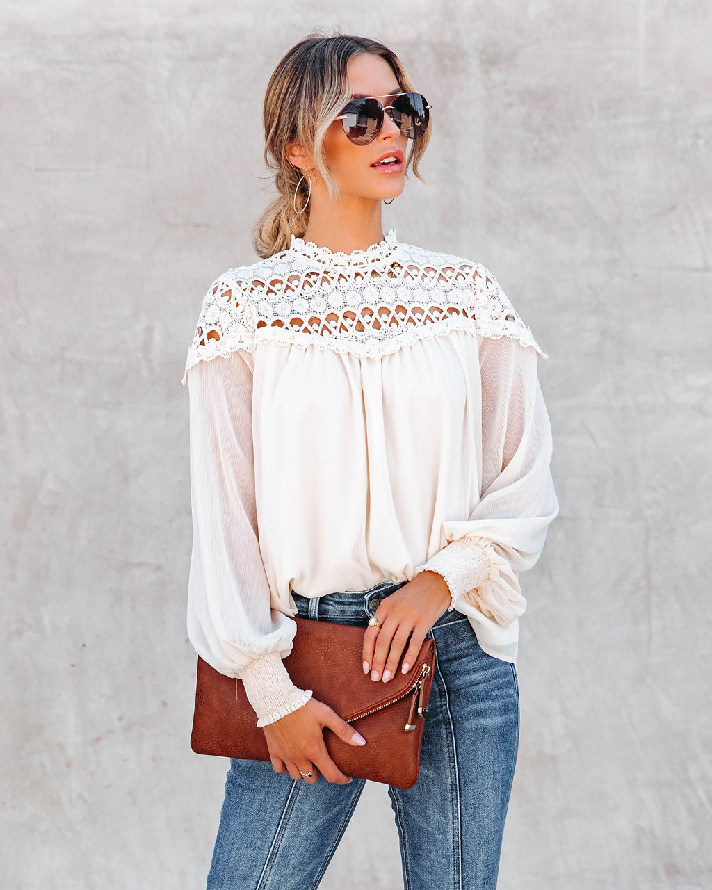 Wild As The Wind Crochet Lace Chiffon Top - Cream - SALE
