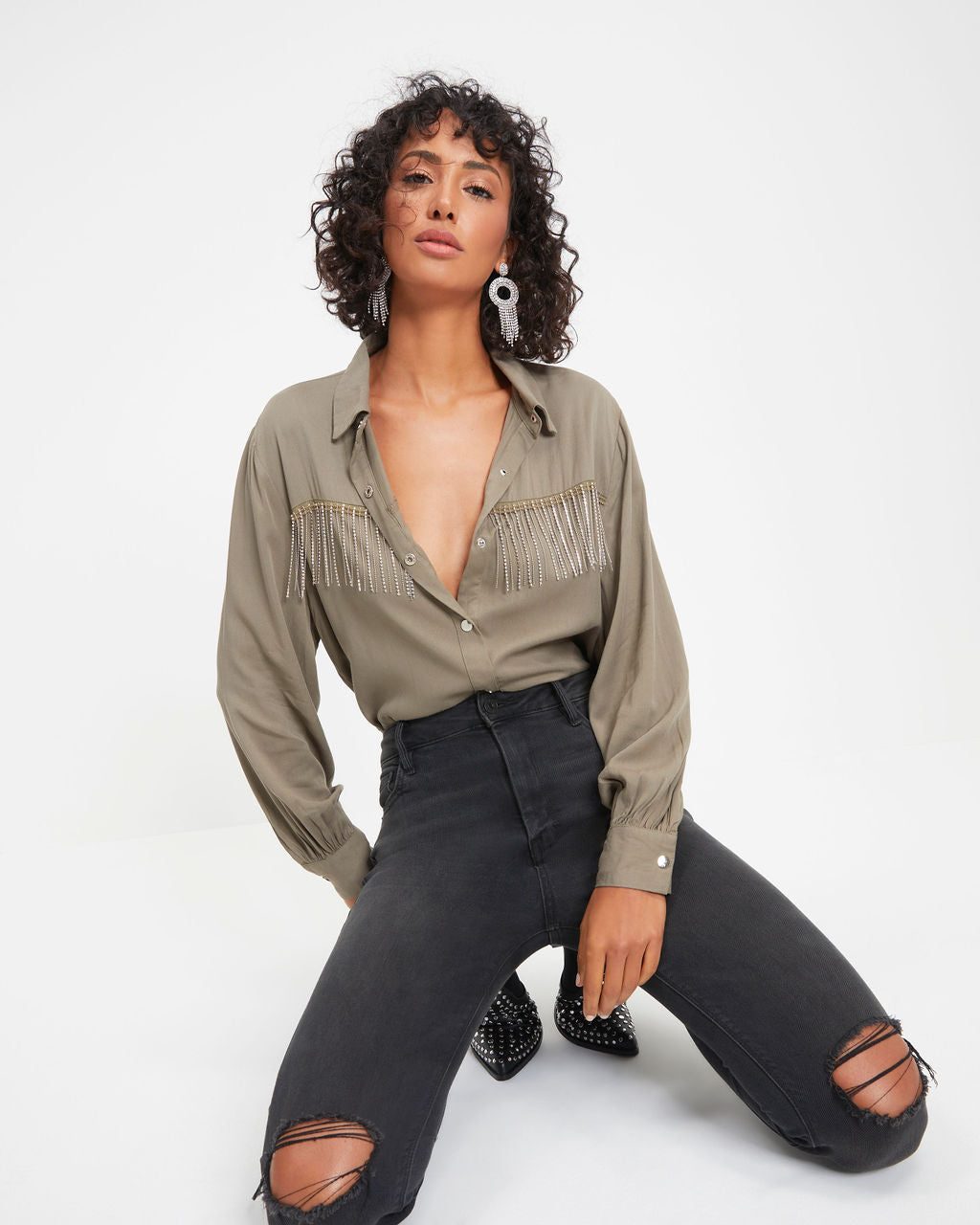 Dolly Glam Rhinestone Fringe Button Down Top - Olive