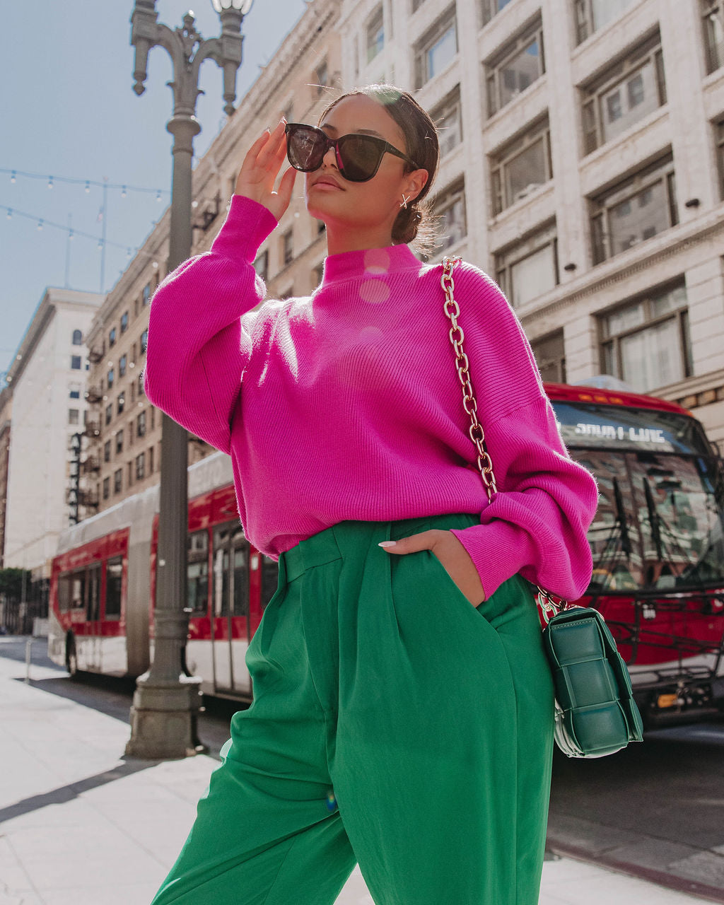 Russ Mock Neck Ribbed Sweater - Fuchsia